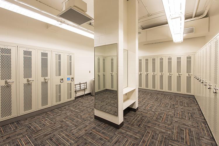 A locker area in the Bowling Green rec center, the lockers are rentable by the day, semester or year.